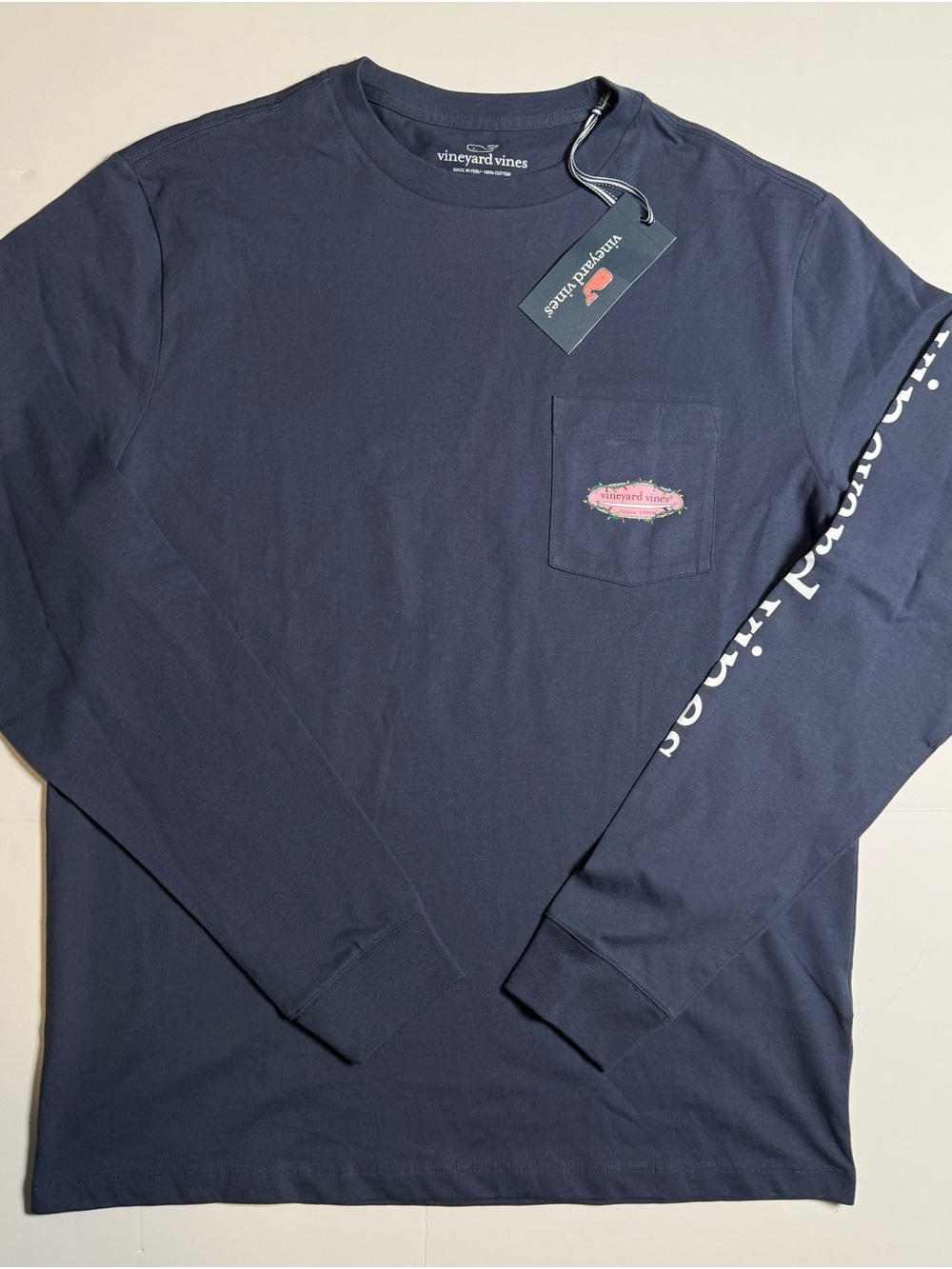 NWT Vineyard Vines Holiday Lights Surf Logo Long-Sleeve Tee Navy Men’s S Cotton